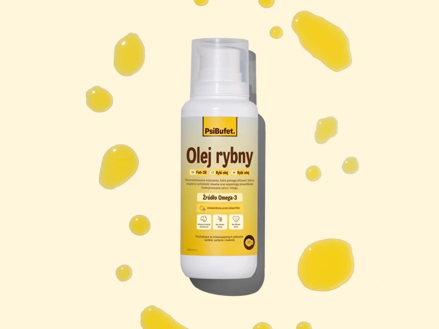 Bottle labeled "Olej rybny" with fish oil, surrounded by oil droplets on a light background.