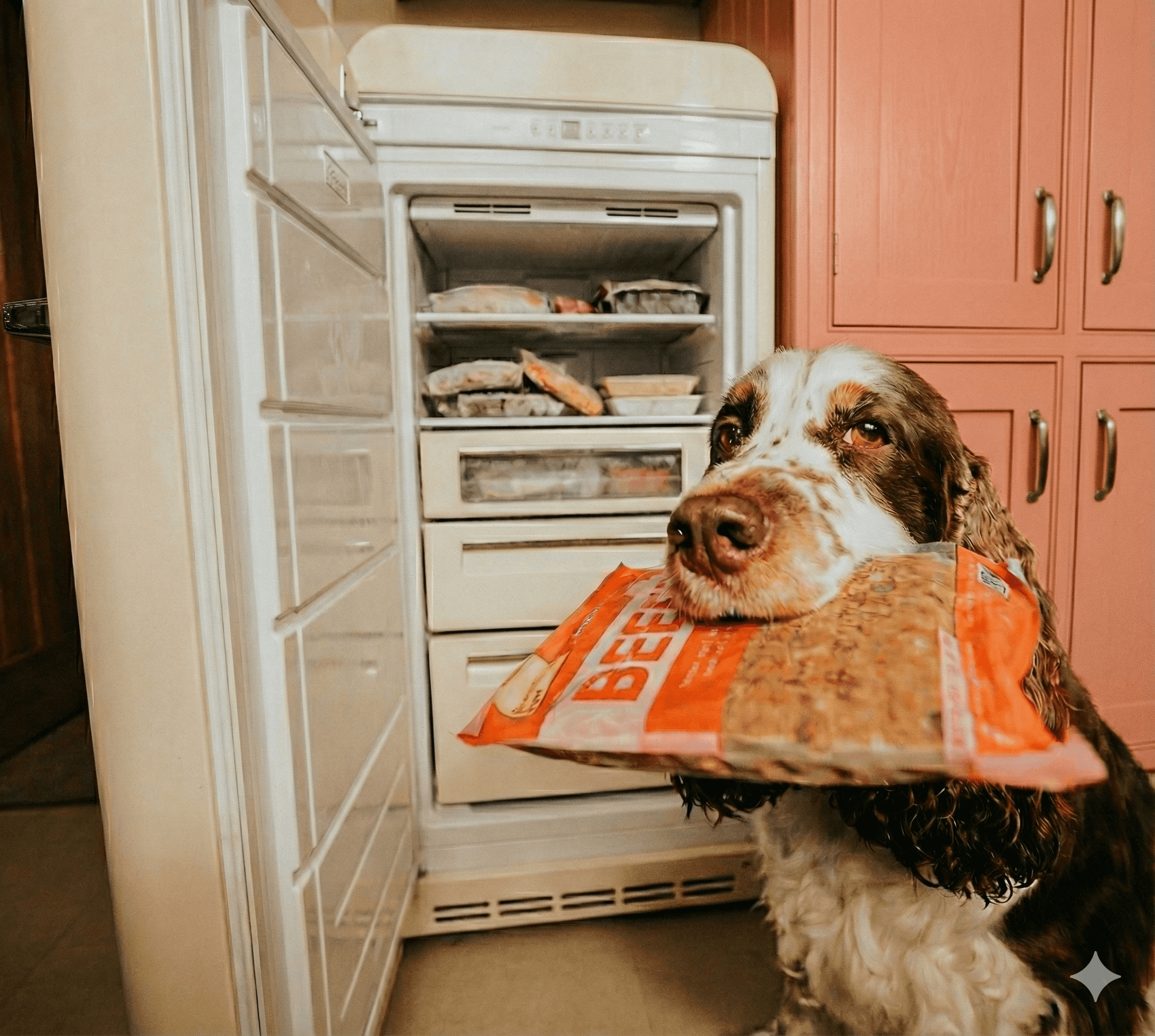 Brown-and-white spaniel holding a frozen beef bag in its mouth, standing by an open freezer and pink cabinets.