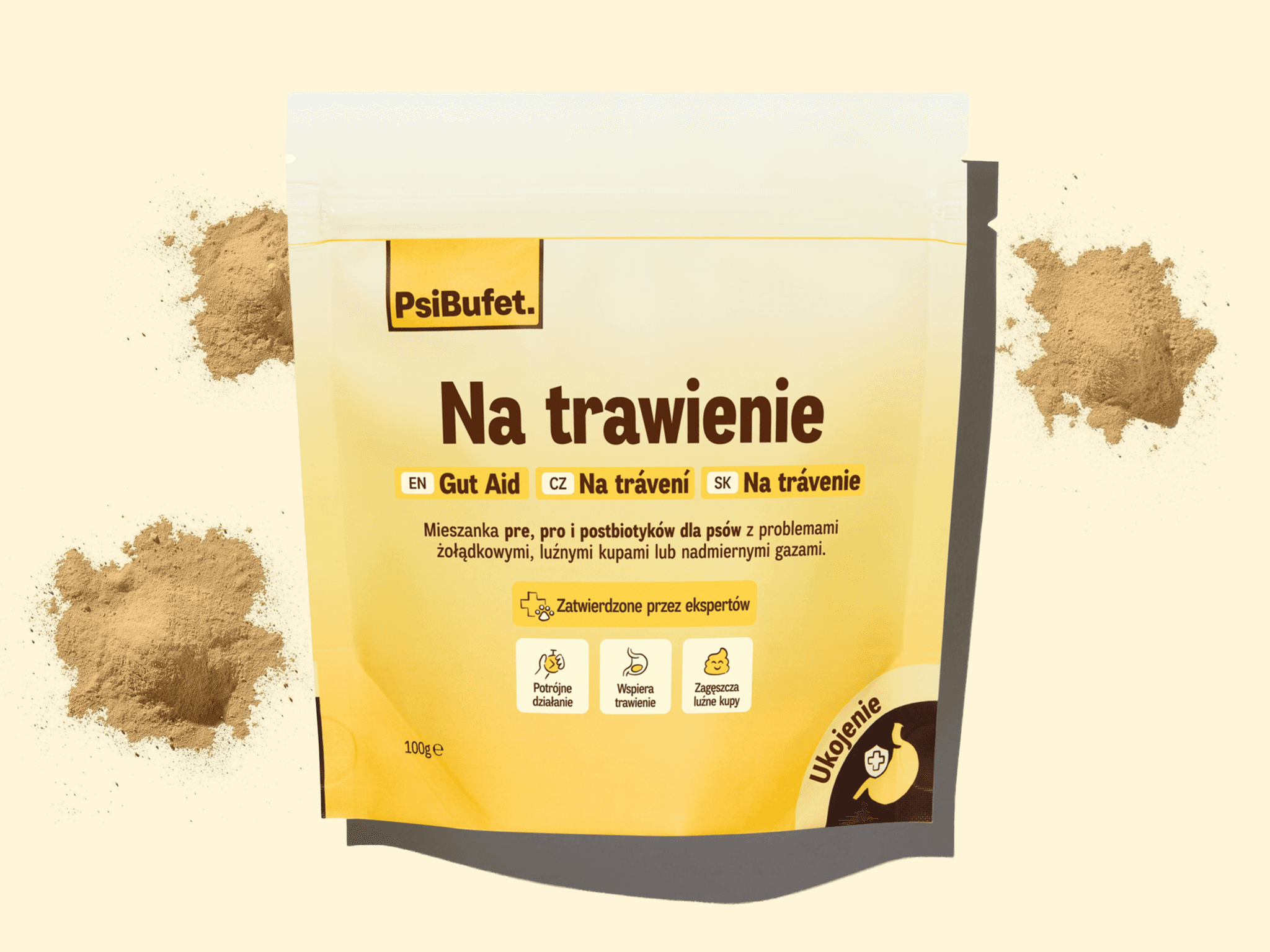 A yellow pouch labeled "PsiBufet" containing dog gut aid, with scattered brown powder piles around it.