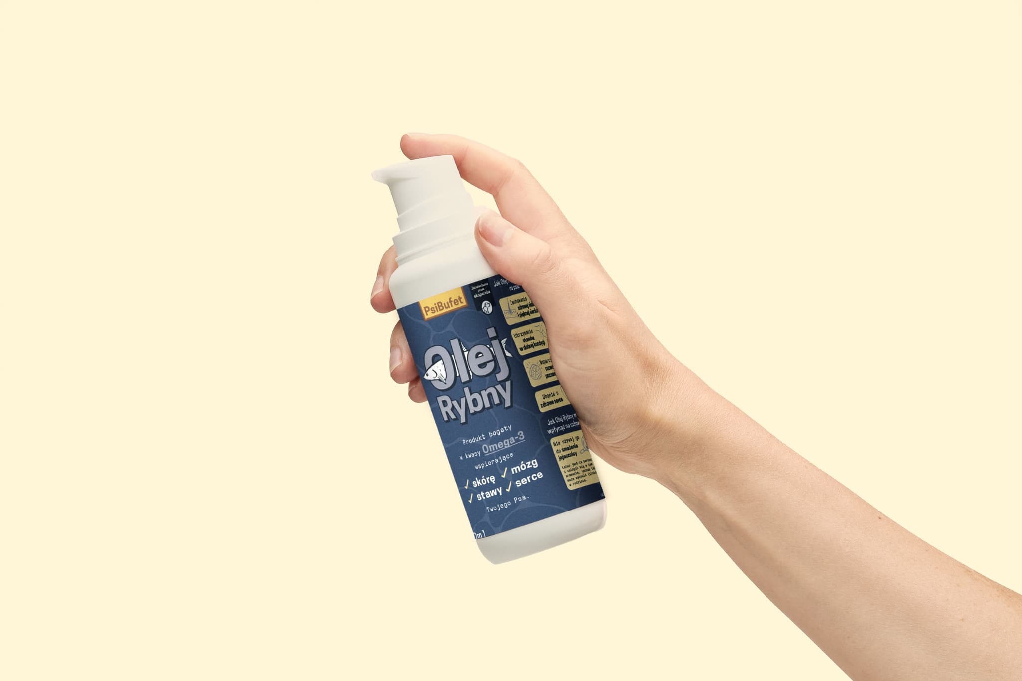 A hand holding a bottle of fish oil supplement with a pump dispenser on a light beige background.